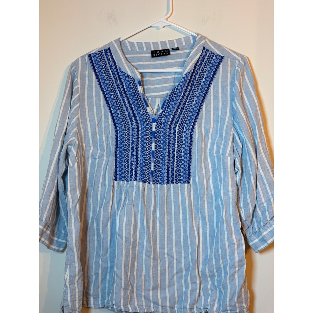 Joan Rivers Tunic Top Womens Medium Blue White Stripe Linen Blend Embroidered